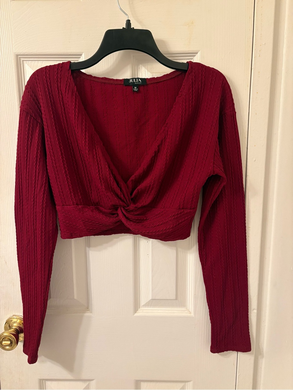 love J Twist-Front Long Sleeve Crop Top - Burgundy